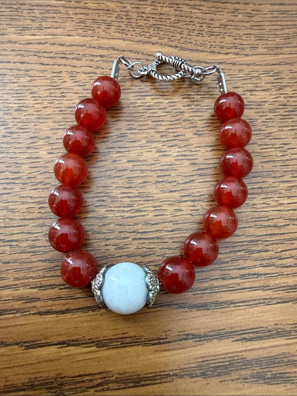 CARNELIAN Handcrafted Red Carnelian Bead Bracelet Silver Toggle